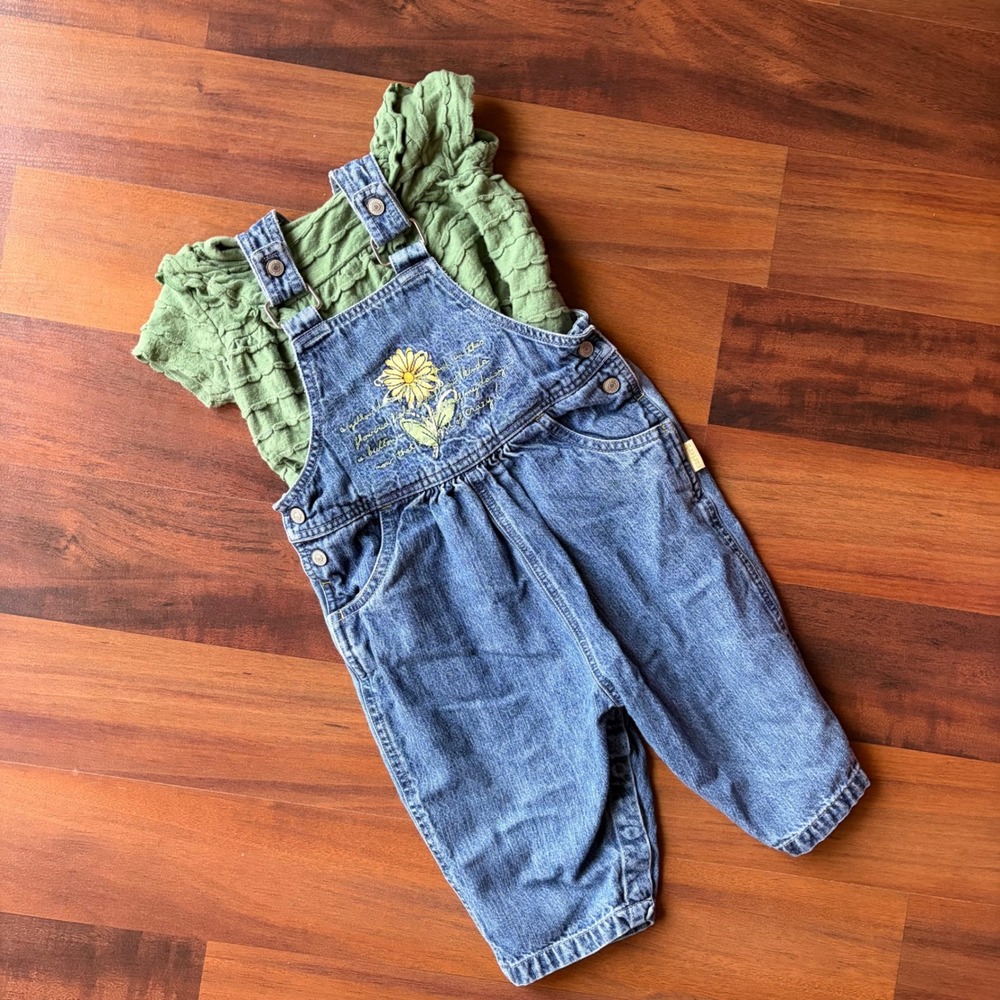 Carters Kids Blue Denim Sunflower Embroidered Overalls Vintage Style 9-12M